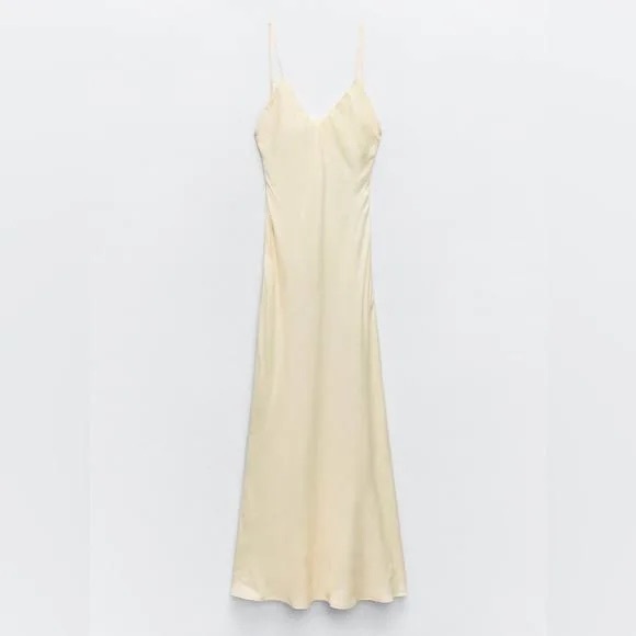 Zara Pale Yellow Satin Effect V Neck Maxi Slip Dress NWT Size M Open Back - Picture 1 of 8